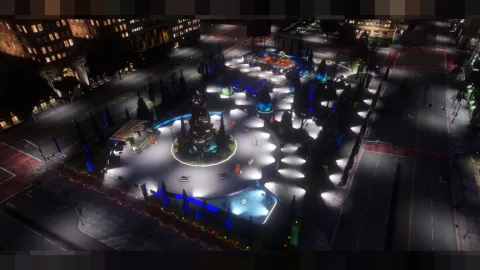 Legion Square Christmas market cabins and ice rink lit up in FiveM