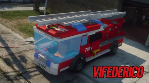 Lego City Firetruck ladder engine parked at a FiveM fire station