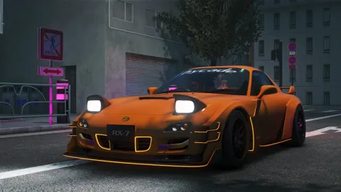 Mazda RX7 Hycade FiveM car with RGB animated lights at night