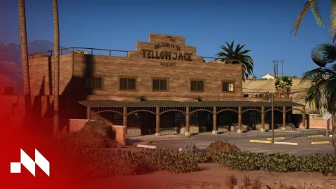 Rustic bar counter inside the Meffle3D Yellow Jack bar MLO in FiveM