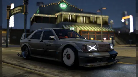 Mercedes 190E A$AP black and white tuned car on a FiveM road