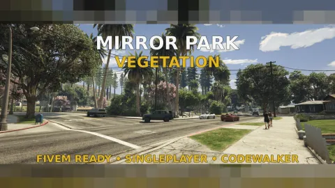 Mirror park vegetation overhaul with lush green trees and grass in FiveM