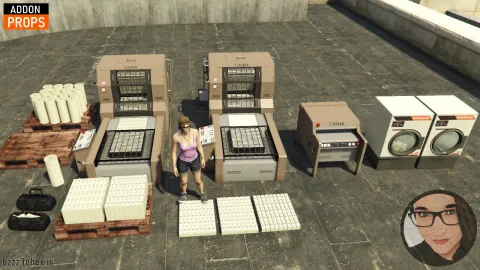 Money laundering props with cash printer and stacks in a FiveM crime den