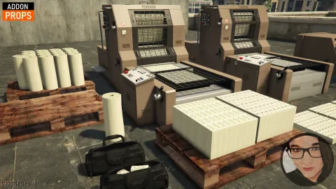 Money laundering props with cash printer and stacks in a FiveM crime den — view 2