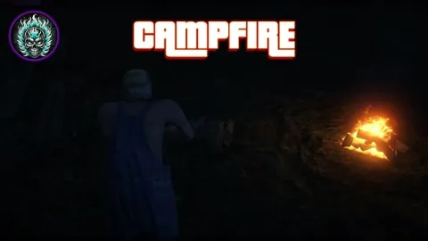 FiveM campfire system with a lit fire and cooking interaction prompt