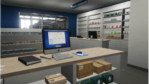 Pharmacy mlo interior with service counter and stocked medicine shelves — view 2