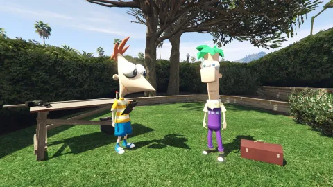 Phineas and Ferb peds cartoon characters standing in a FiveM city street
