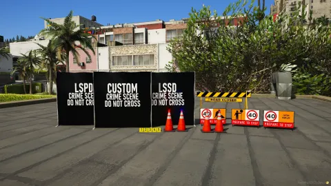 Police props pack with cones, barriers, and evidence markers on scene — FiveM prop