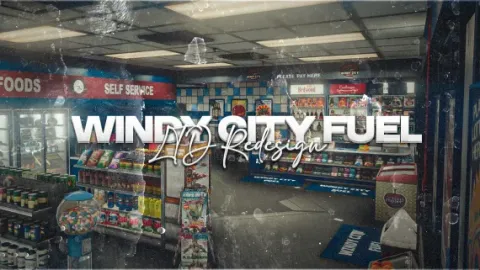 Windy city fuel station with pumps, forecourt, and a lit convenience store — FiveM MLO