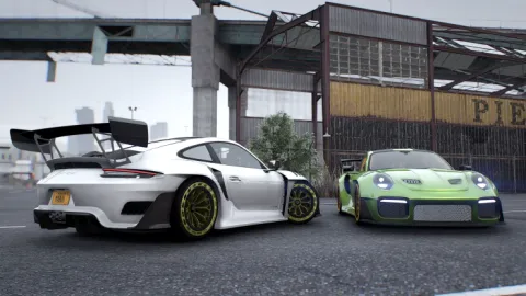Porsche 911 GT-RSR Duke Dynamics widebody parked on a FiveM circuit
