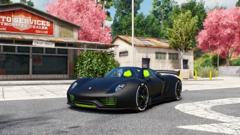 Porsche 918 Spyder FiveM add-on hybrid hypercar parked at night