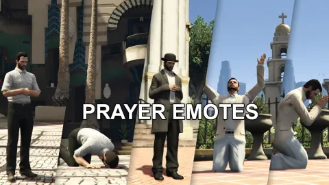 Prayer emotes showing players praying in Islam, Judaism, and Christianity poses in FiveM