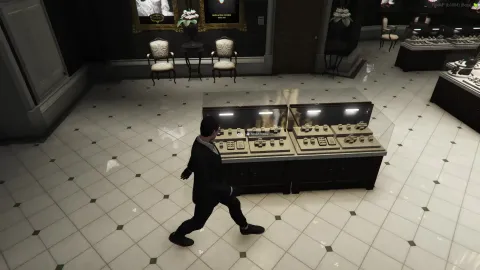FiveM jewellery heist crew smashing display cases in a store