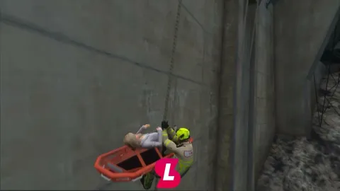 Rope rescue system tripod and basket lifting a player in FiveM — view 2