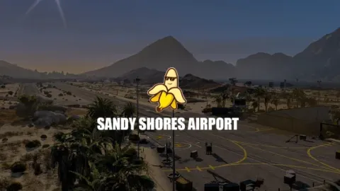 Sandy Shores airport with hangars and runway in the FiveM desert