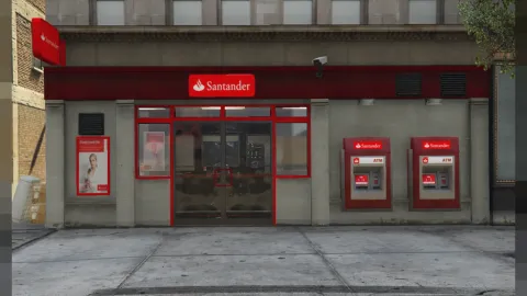 Santander bank lobby with teller line and secure vault door — FiveM MLO
