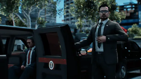 Secret service poses on a suited bodyguard character in FiveM