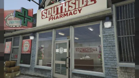Southside pharmacy mlo interior with counters and shelves in FiveM