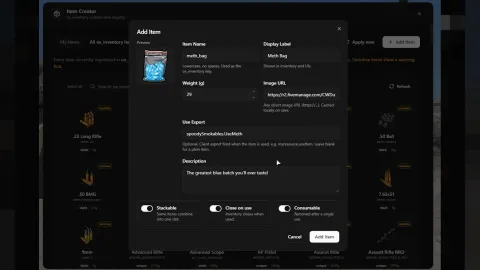 Admin using the item creator tool panel for ox_inventory in FiveM — view 2
