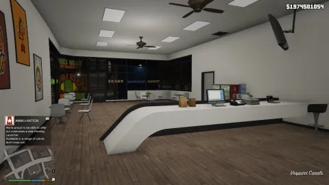 Taco restaurant interior with kitchen, order counter and dining floor — view 2
