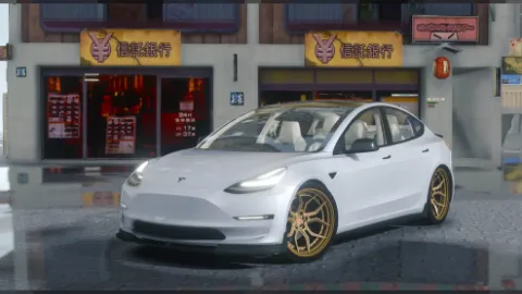 Tesla Model 3 electric sedan parked at a FiveM charging point