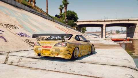 Top Secret Supra V12 FiveM add-on gold tuner car on the street