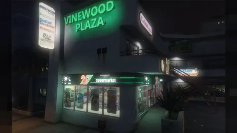 Vinewood Plaza store interior with stocked shelves and counter in FiveM