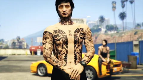 yakuza tattoos full-body irezumi on a GTA V character — view 2